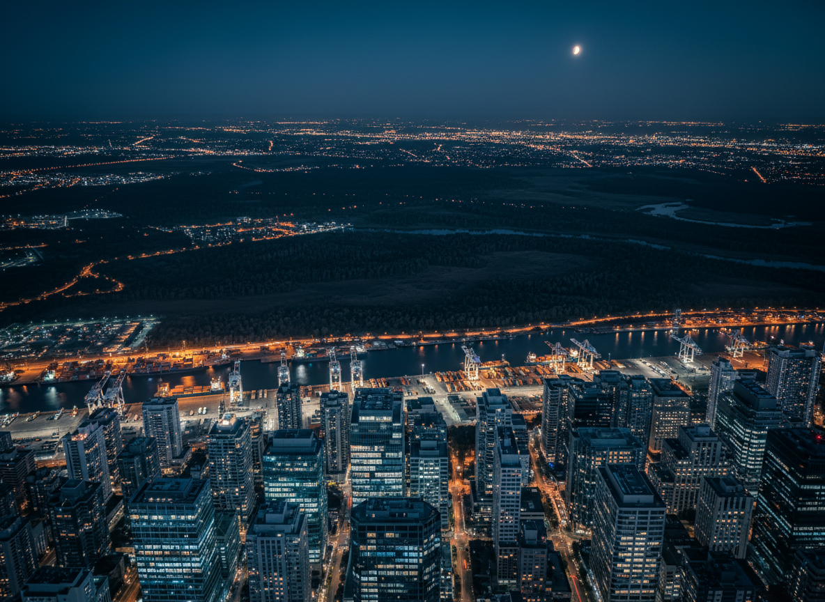 A nighttime city skyline photographed from above, with illuminated office towers and port facilities in the foreground gradually giving way to a dark, irregular band of wetlands and forest at the horizon. Tiny clusters of warm yellow lights trace roads, while the natural areas remain mostly unlit and textured by subtle moonlit silhouettes. Cool blue tones dominate the buildings and sky, contrasted by the deep greens and blacks of surrounding habitats. Shot with a wide-angle lens and sharp focus, the image has a clean, contemporary aesthetic, suggesting the boundary between corporate infrastructure and vulnerable ecosystems, and evoking a thoughtful, restrained mood about hidden nature risk in urban economies.