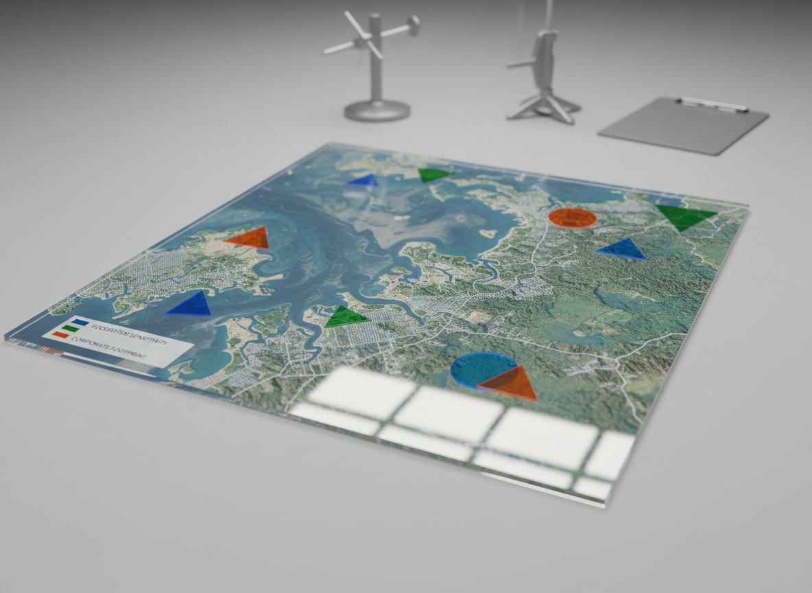 A close-up photographic shot of a large, transparent acrylic overlay resting on a detailed satellite-style map of a coastal region, where colored geometric shapes indicate areas of ecosystem sensitivity and corporate footprint. The overlay edges catch soft studio lighting, producing delicate highlights and clean reflections. The map’s textures of land, sea, and estuaries are crisp in the center and gradually blur toward the edges, using a shallow depth of field. Neutral grey background elements and a minimalist composition create a scientific, advisory mood. The image feels precise and analytical, symbolizing the careful assessment of nature-related risks and opportunities for businesses without showing any people.