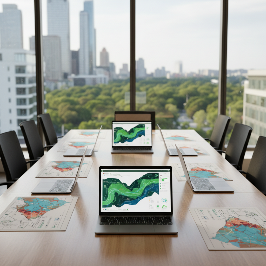 A long, polished conference table made of light-colored sustainable wood, seen from a slightly elevated angle, covered with open laptops displaying abstract dashboards of green and blue environmental data visualizations. Beside the devices lie printed maps with color-coded habitat and biodiversity risk zones, neatly arranged without visible text. Through the floor-to-ceiling windows, a subtle city skyline merges into a band of distant tree canopy, hinting at nature beyond the glass. Diffused afternoon daylight creates gentle reflections on the tabletop and screens. The photographic image is composed with rule-of-thirds balance and a shallow depth of field, projecting a calm, serious, and credible atmosphere suited to professional discussion of nature risk.