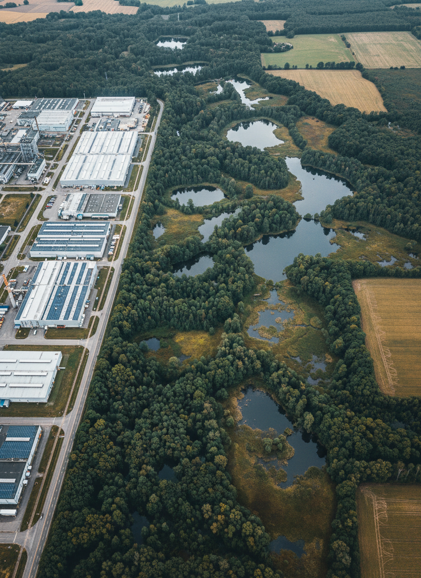 A high-resolution aerial photographic view of a dense, mixed landscape where a sharply defined industrial complex meets a mosaic of forests, wetlands, and agricultural fields. The factory roofs, solar arrays, and orderly roads sit beside winding tree lines and reflective ponds, creating a visual contrast between built and natural systems. Soft overcast daylight evenly illuminates the scene, reducing harsh shadows and emphasizing subtle textures in metal, asphalt, water, and foliage. Shot from a bird’s eye perspective with crisp focus across the frame, the composition uses clean, modern realism to convey a professional, analytical mood, evoking the idea of corporate nature risk and interdependence without clichés or dramatization.